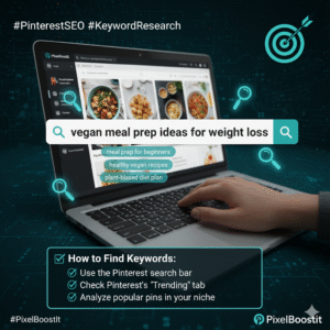 Pinterest keyword research guide for SEO, showing long-tail keyword in search bar